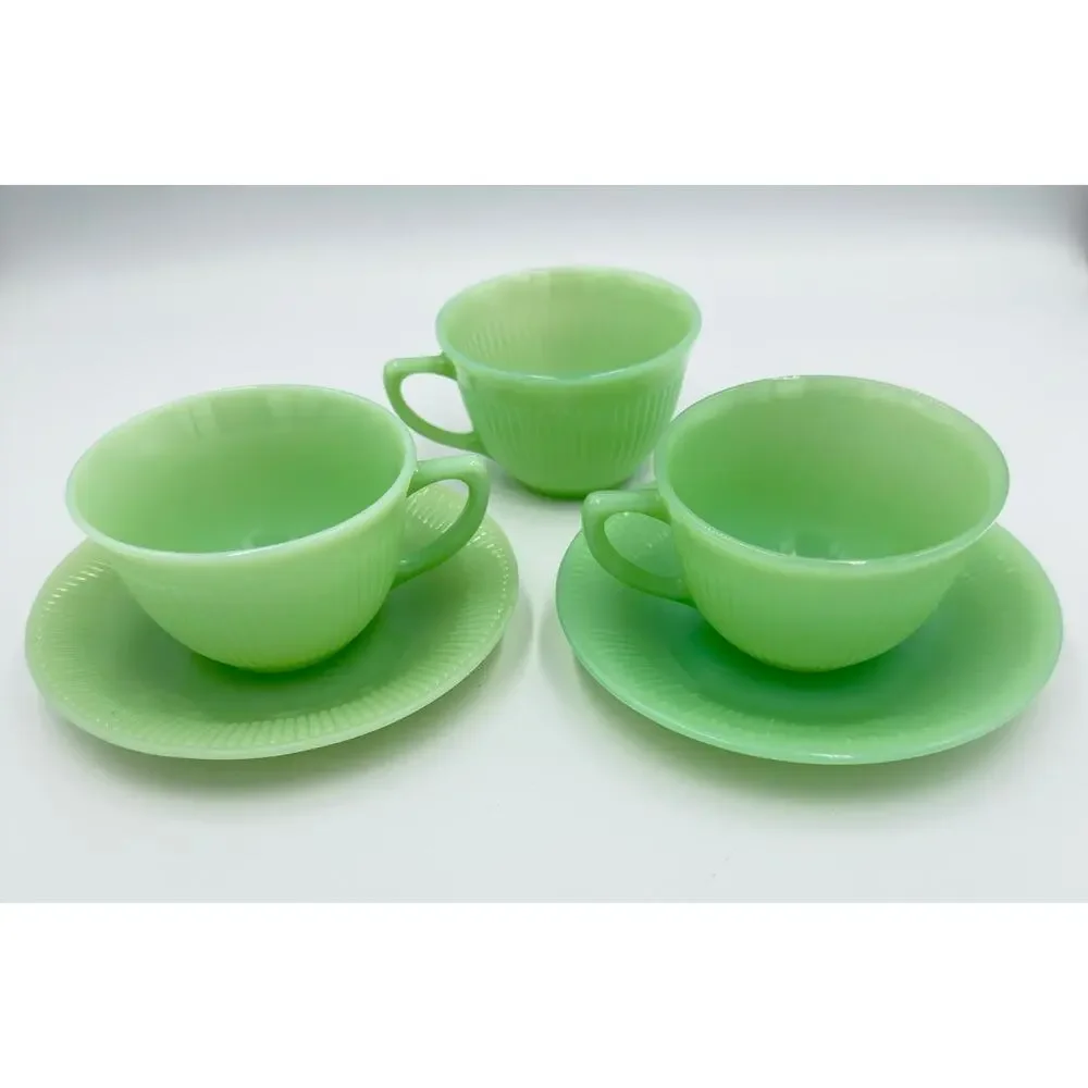 Fire King Coffee Tea Cup & Saucer Jane Ray JadeIte by ANCHOR HOCKING 5pc Set